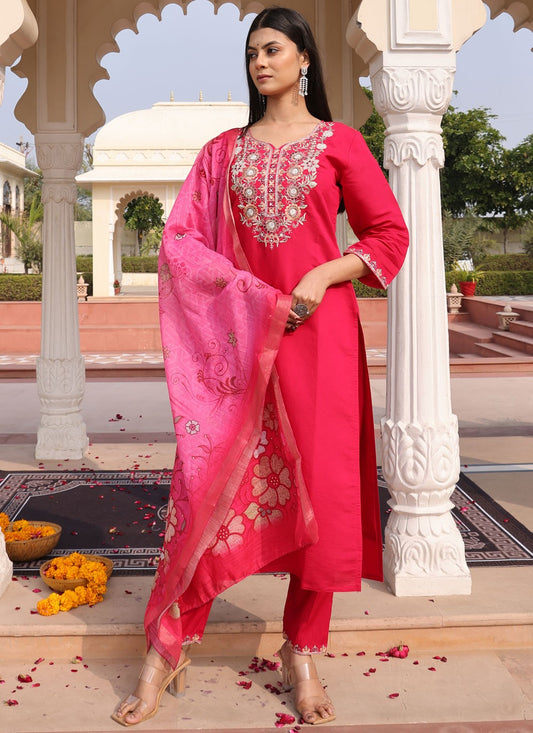 Salwar Suit Embroidered Pink Cotton Silk T5746