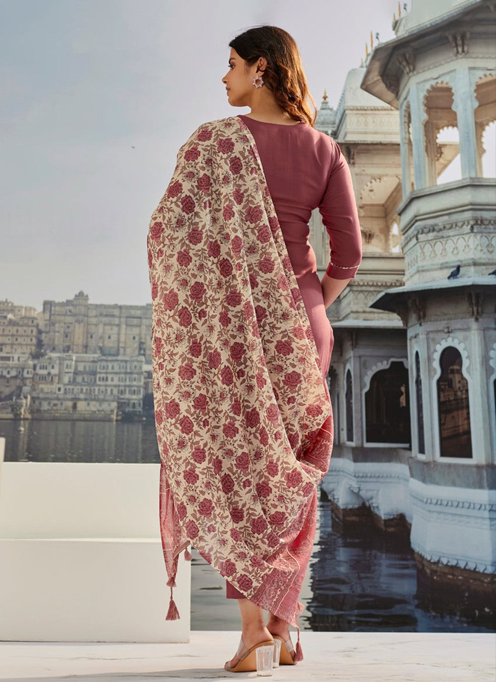 Pant Style Suit Embroidered Brown Cotton Silk T5023