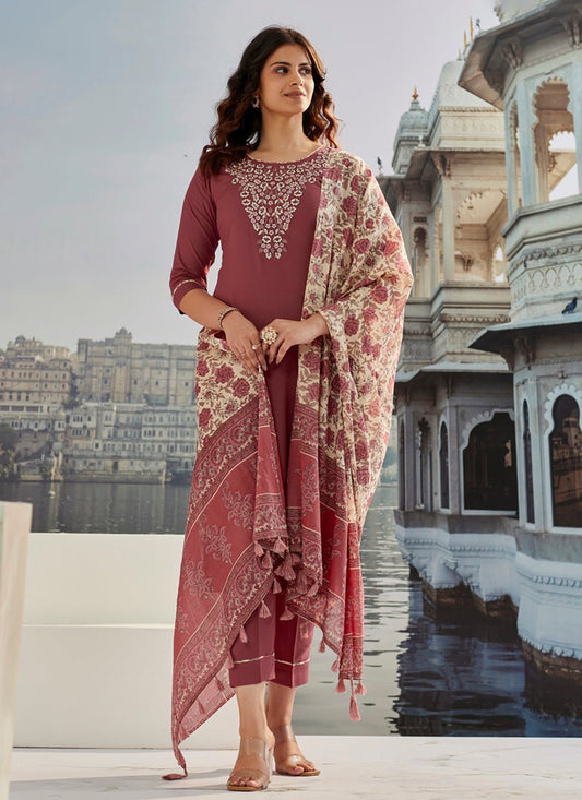 Pant Style Suit Embroidered Brown Cotton Silk T5023