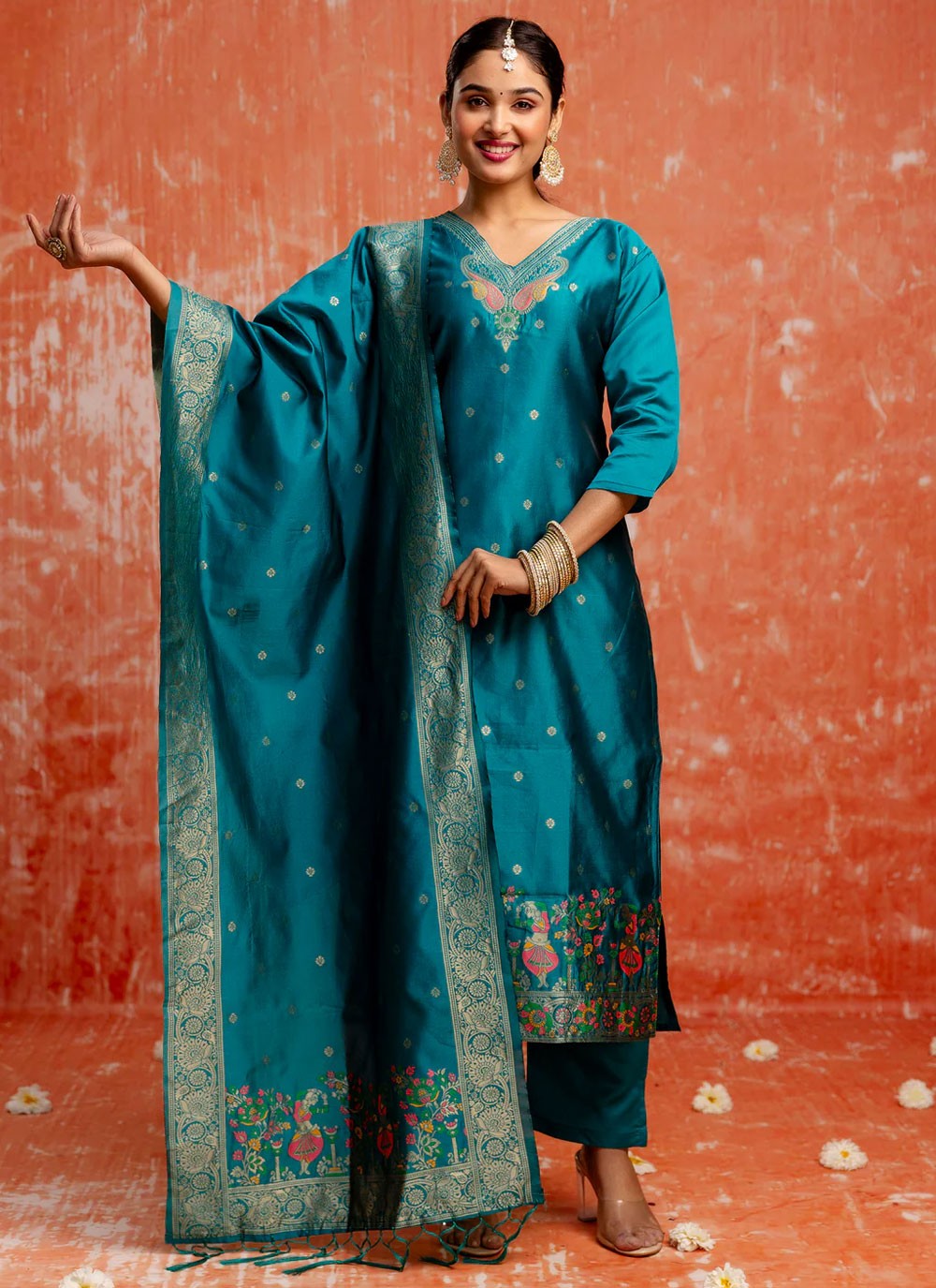 Jacquard Work Cotton Silk Firozi Salwar Suit T6151