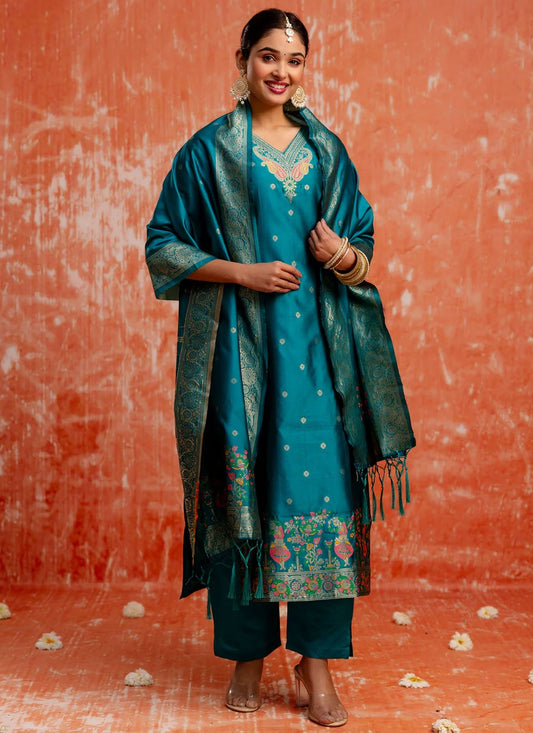 Jacquard Work Cotton Silk Firozi Salwar Suit T6151