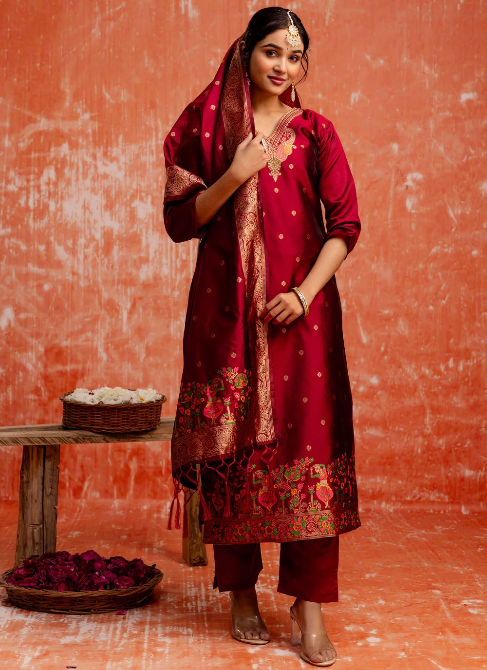 Jacquard Work Cotton Silk Maroon Salwar Suit T6149