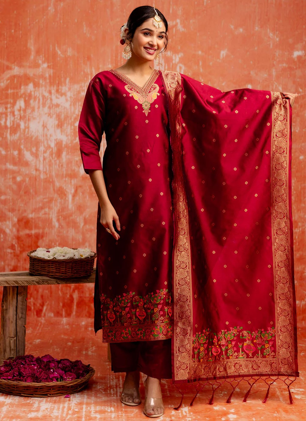 Jacquard Work Cotton Silk Maroon Salwar Suit T6149