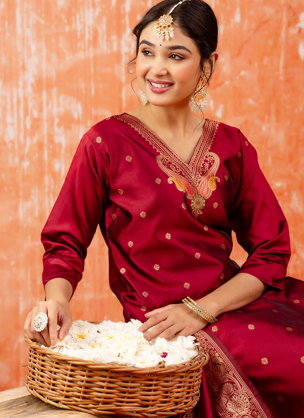 Jacquard Work Cotton Silk Maroon Salwar Suit T6149