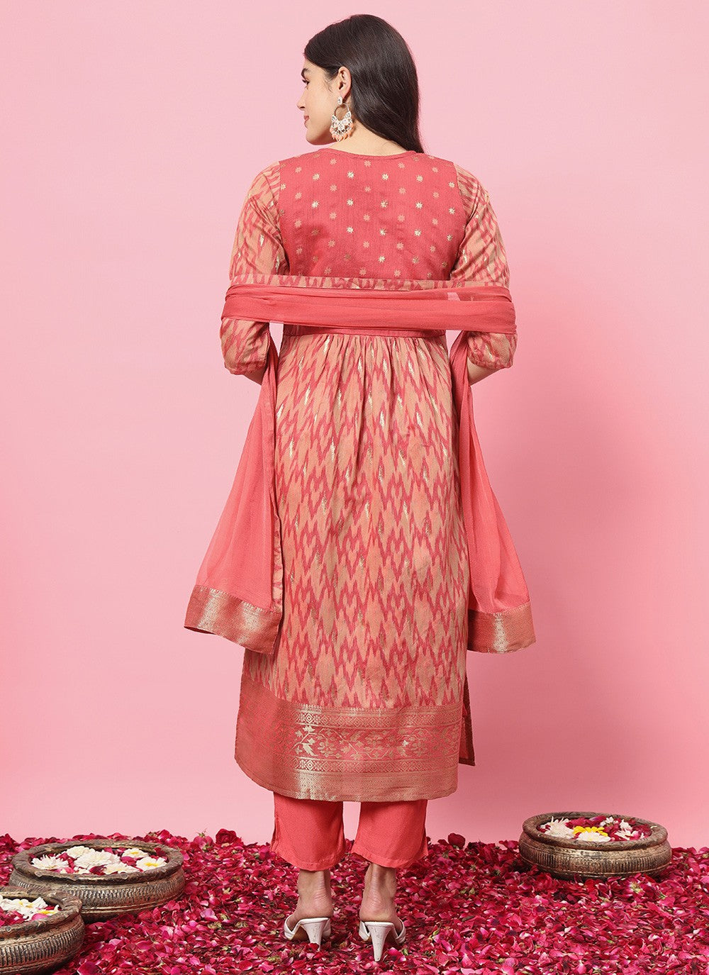 Pant Style Suit Embroidered, Printed Peach T7215