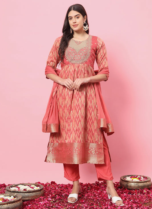 Pant Style Suit Embroidered, Printed Peach T7215