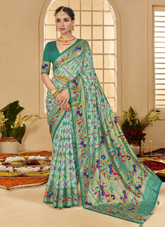 Border Work Cotton Silk Sea Green Contemporary Saree S15291
