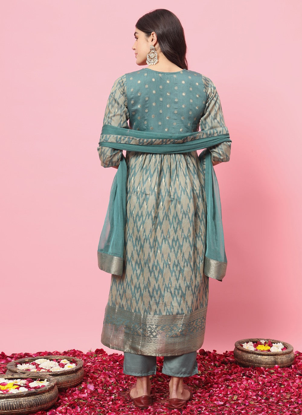 Pant Style Suit Embroidered, Printed Aqua Blue T7212