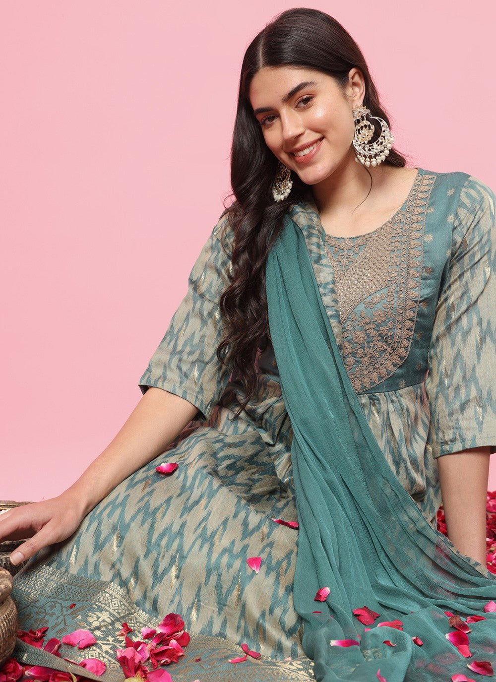 Pant Style Suit Embroidered, Printed Aqua Blue T7212