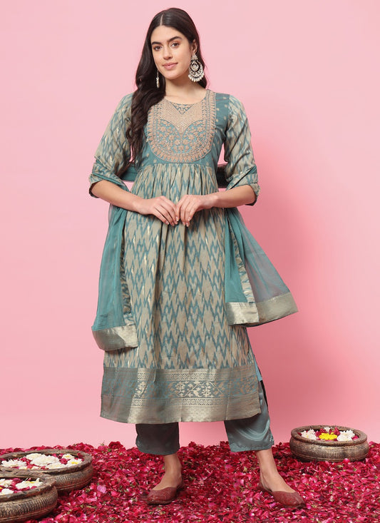 Pant Style Suit Embroidered, Printed Aqua Blue T7212