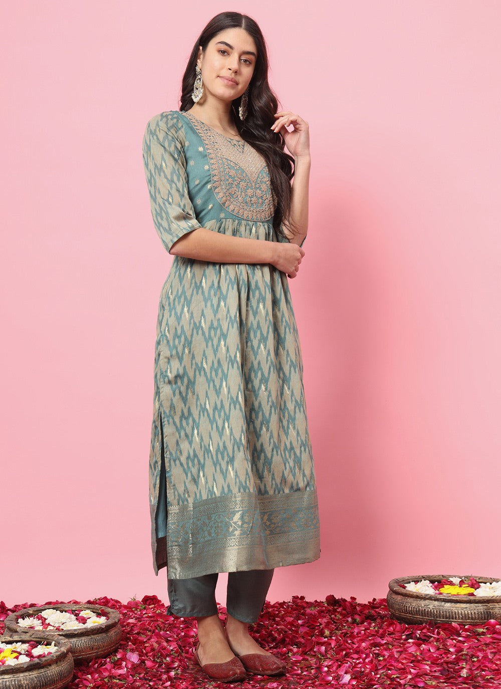 Pant Style Suit Embroidered, Printed Aqua Blue T7212