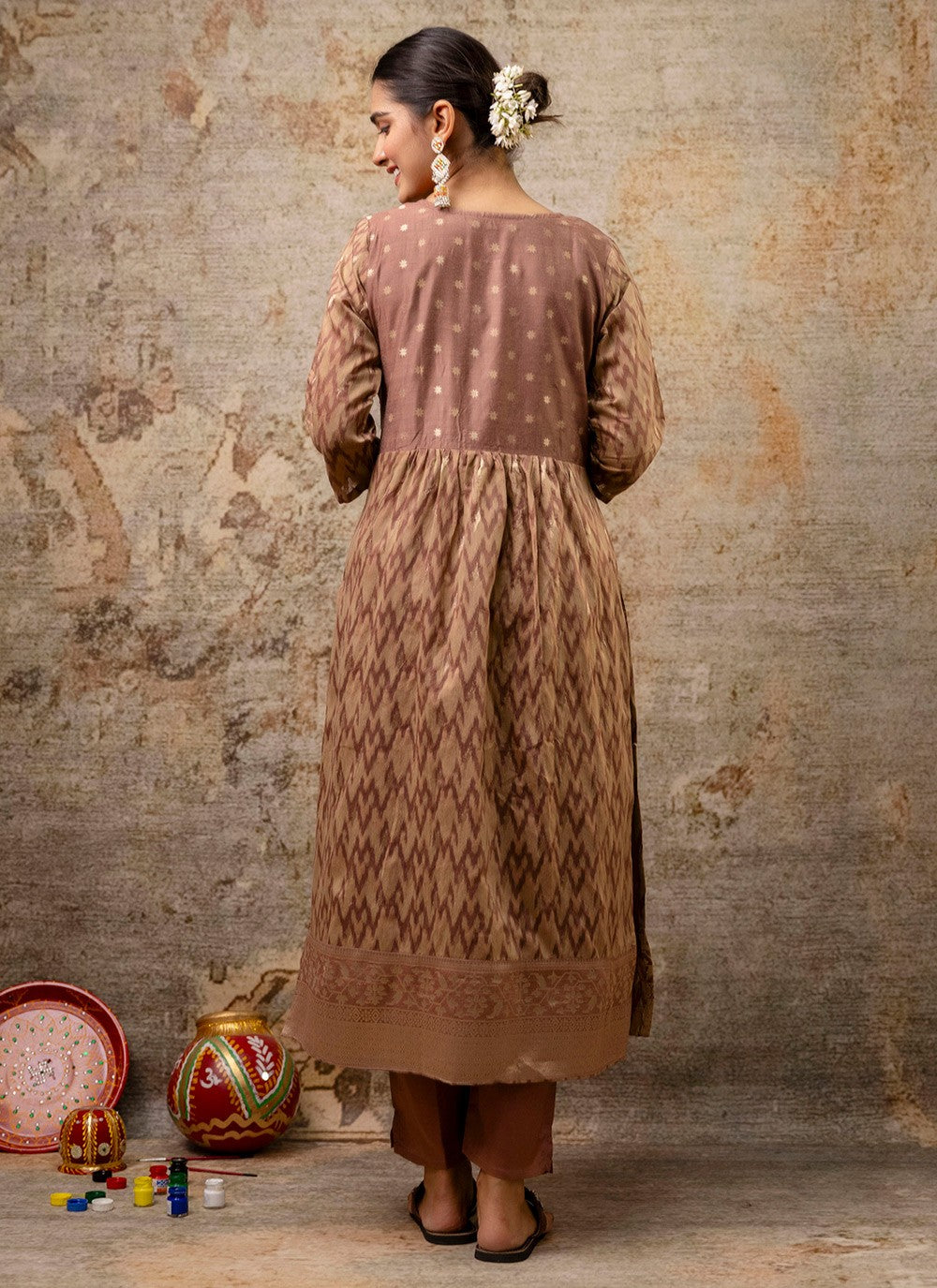 Pant Style Suit Embroidered, Printed Brown T7210