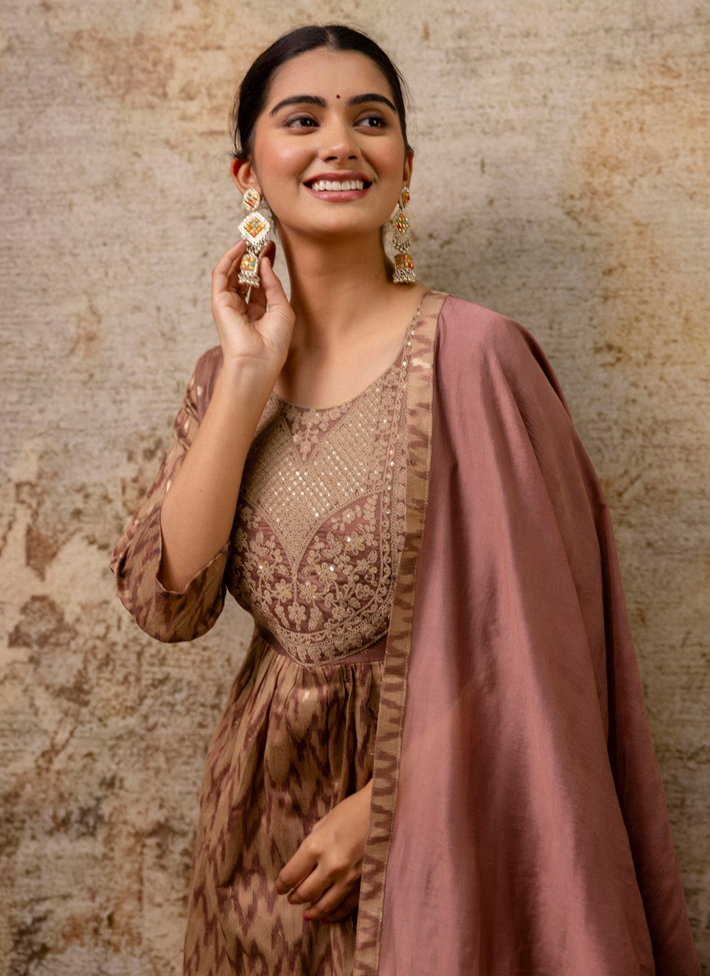 Pant Style Suit Embroidered, Printed Brown T7210