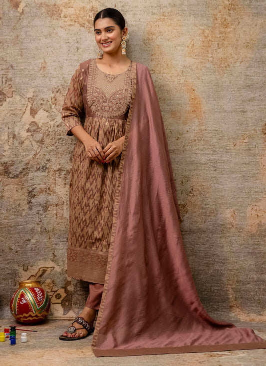 Pant Style Suit Embroidered, Printed Brown T7210