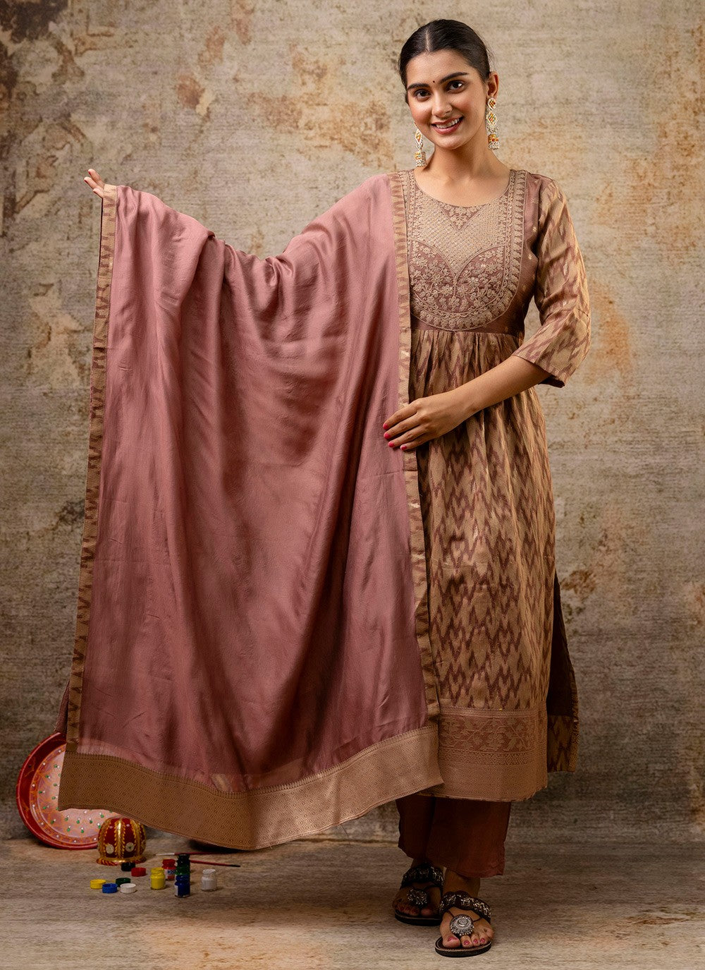 Pant Style Suit Embroidered, Printed Brown T7210