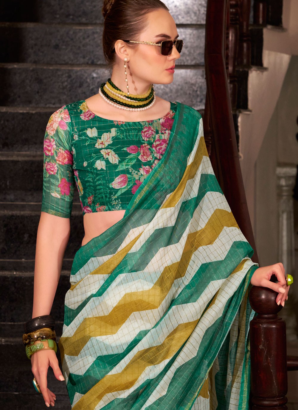Strips Cotton Silk Green Saree S14781