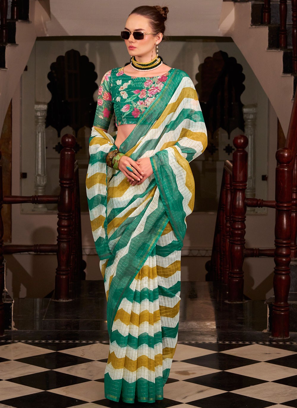 Strips Cotton Silk Green Saree S14781