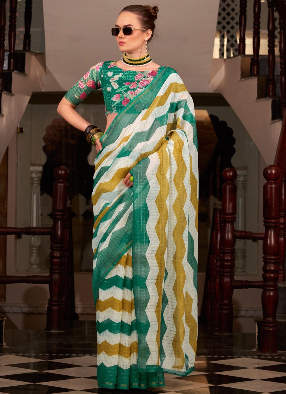 Strips Cotton Silk Green Saree S14781