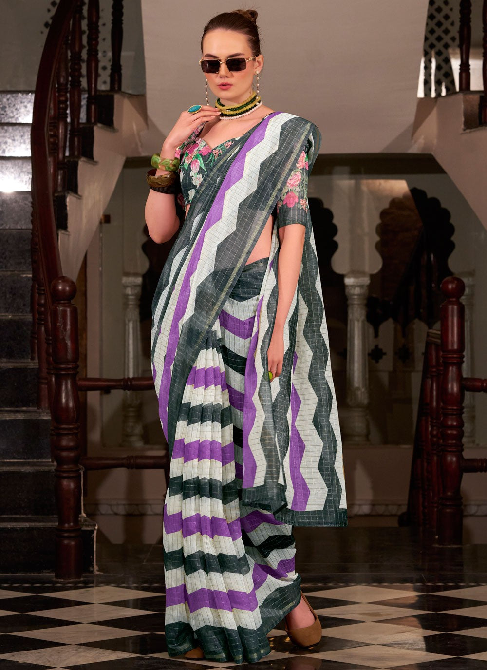 Strips Cotton Silk Black Saree S14777
