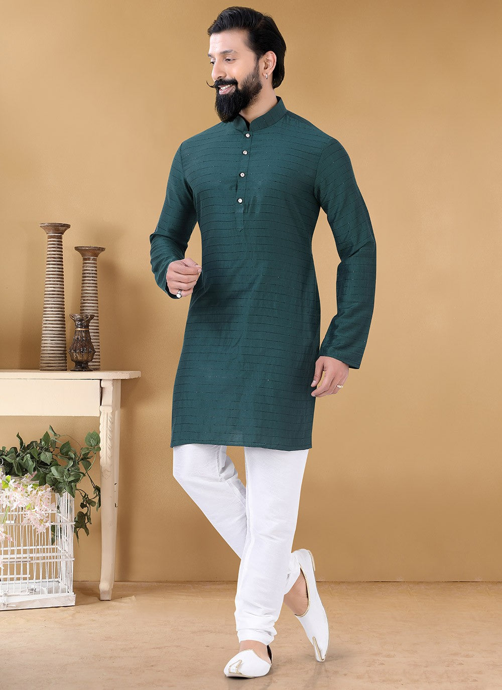 Strips Cotton Teal Kurta Pyjama - M3135