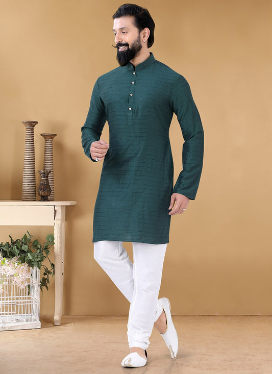 Strips Cotton Teal Kurta Pyjama - M3135