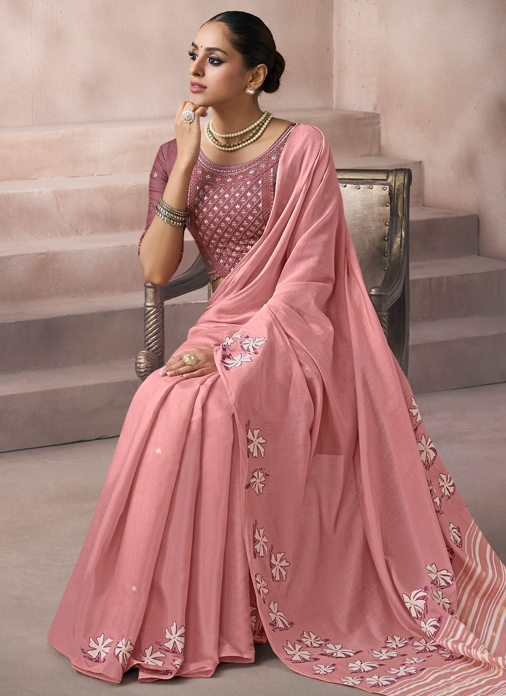 Pink Cotton Traditional Saree Fancy Work S19861