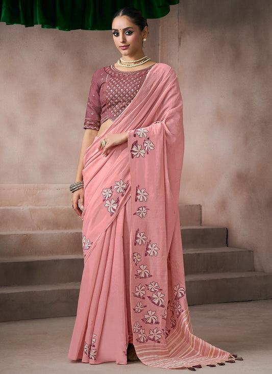 Pink Cotton Traditional Saree Fancy Work S19861