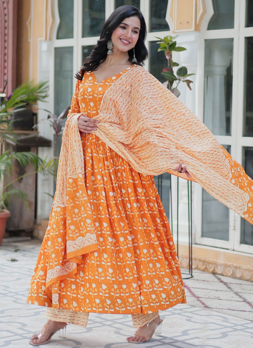Printed Cotton Orange Salwar Suit T6462