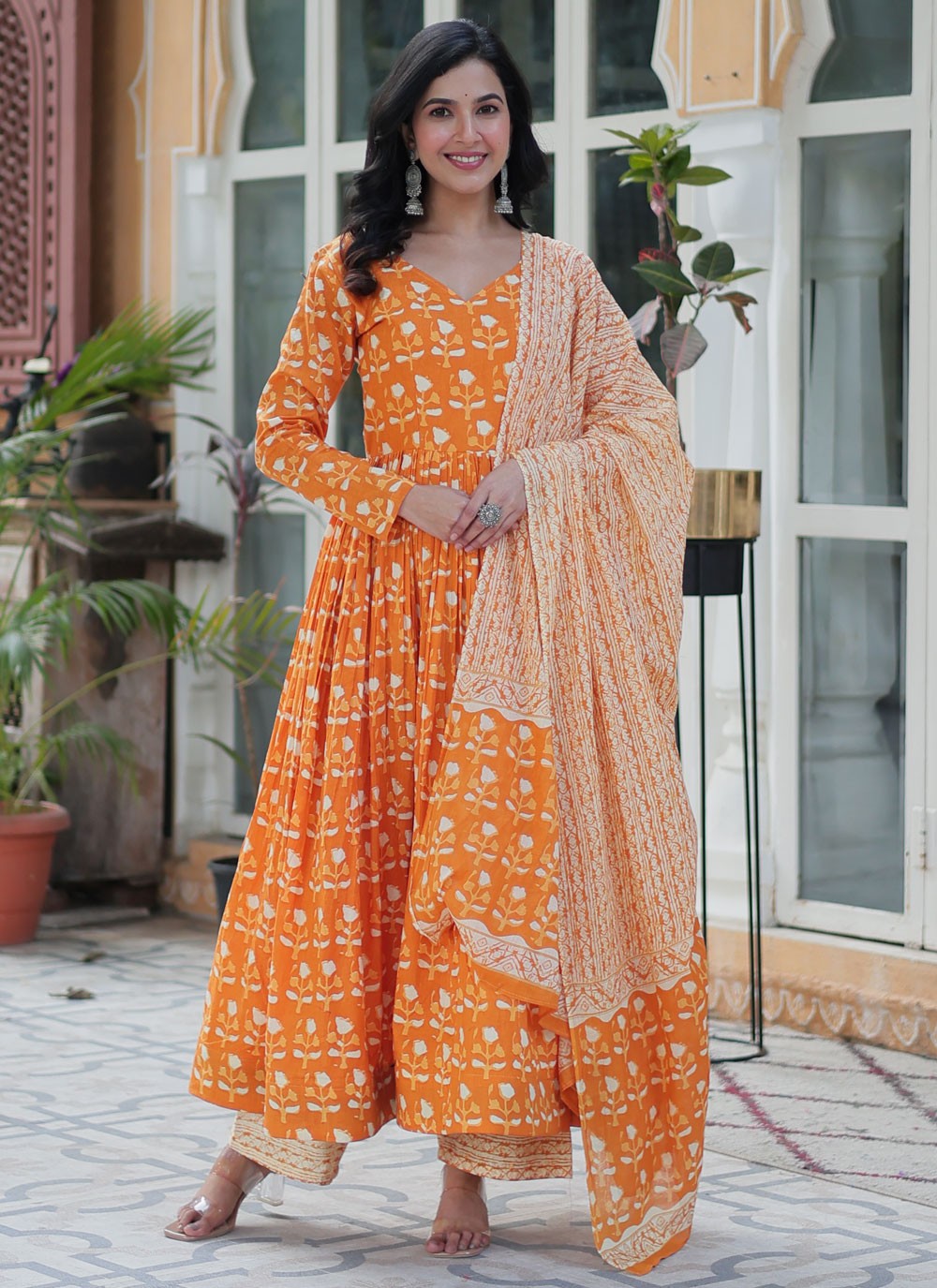 Printed Cotton Orange Salwar Suit T6462