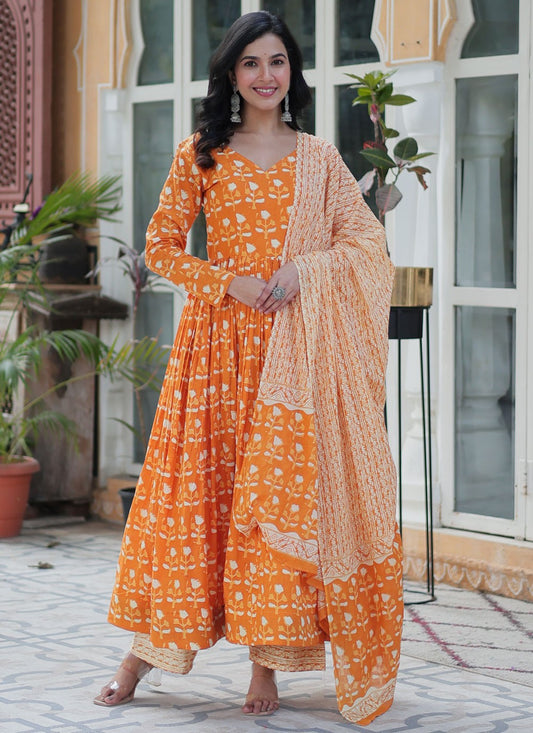 Printed Cotton Orange Salwar Suit T6462