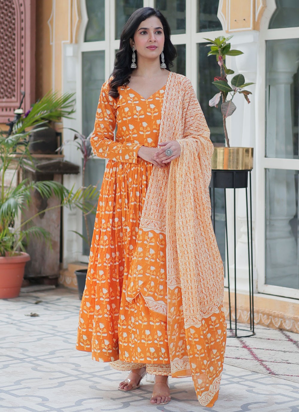 Printed Cotton Orange Salwar Suit T6462