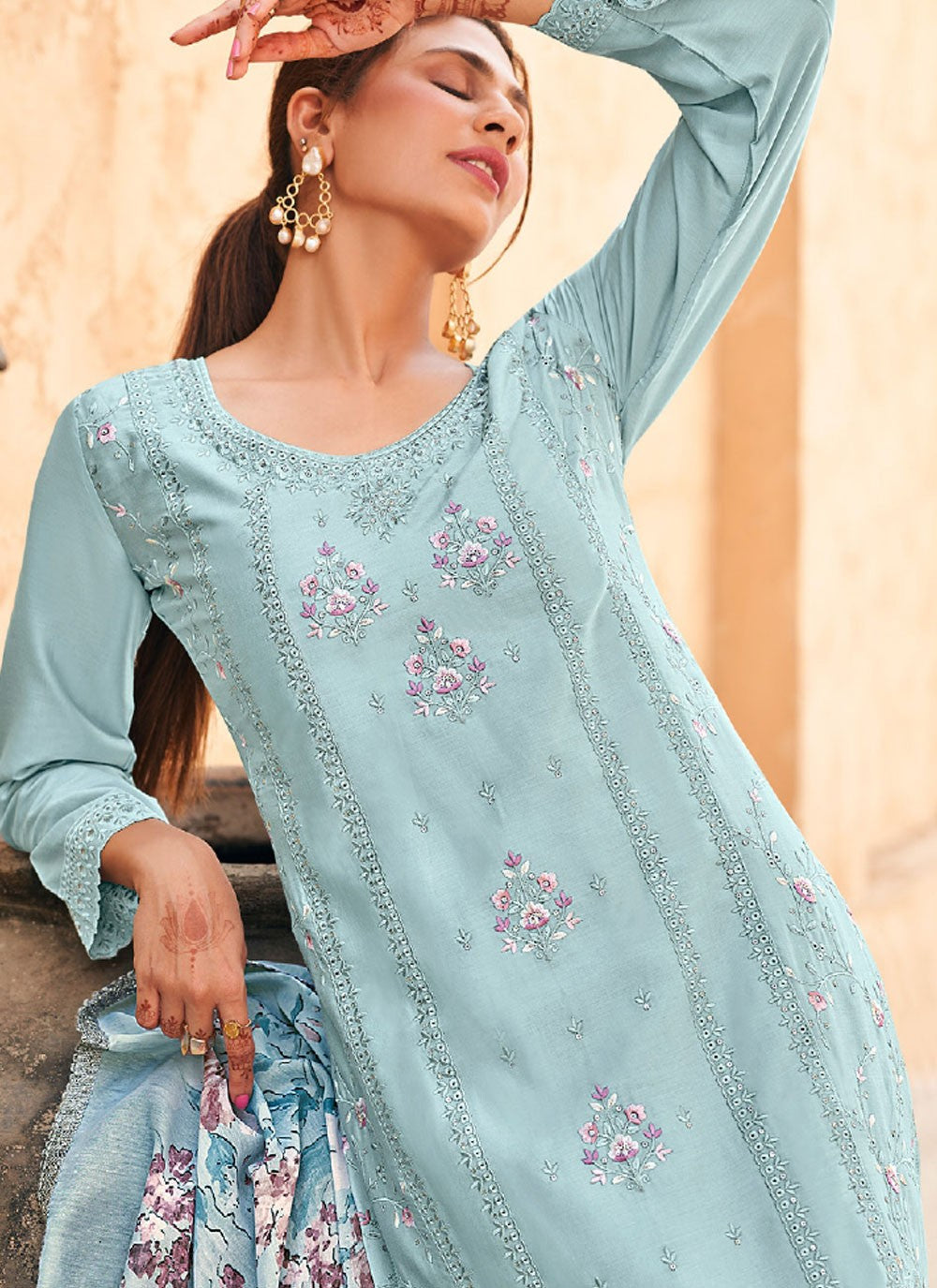 Pant Style Suit Embroidered Aqua Blue T7166