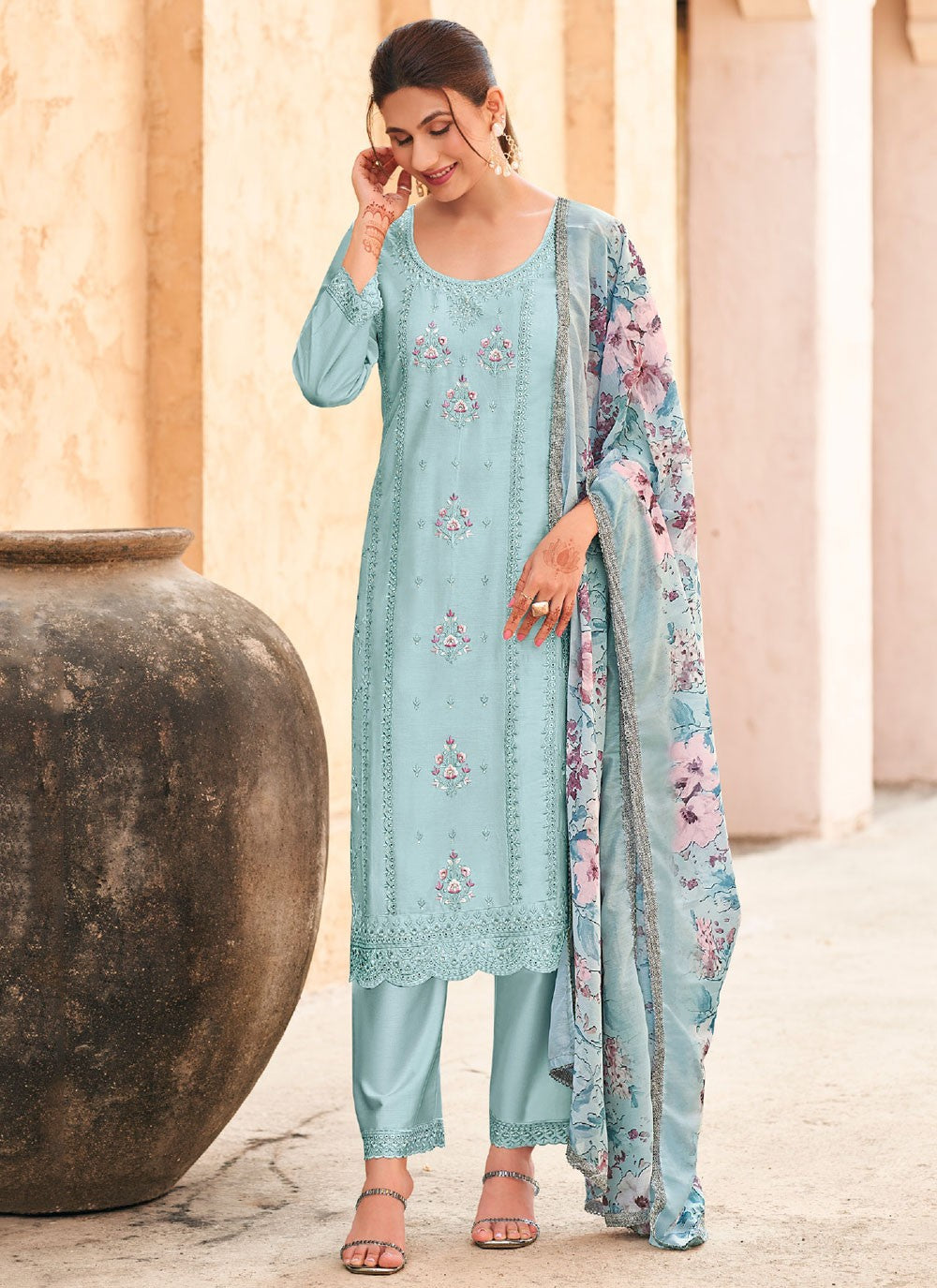 Pant Style Suit Embroidered Aqua Blue T7166