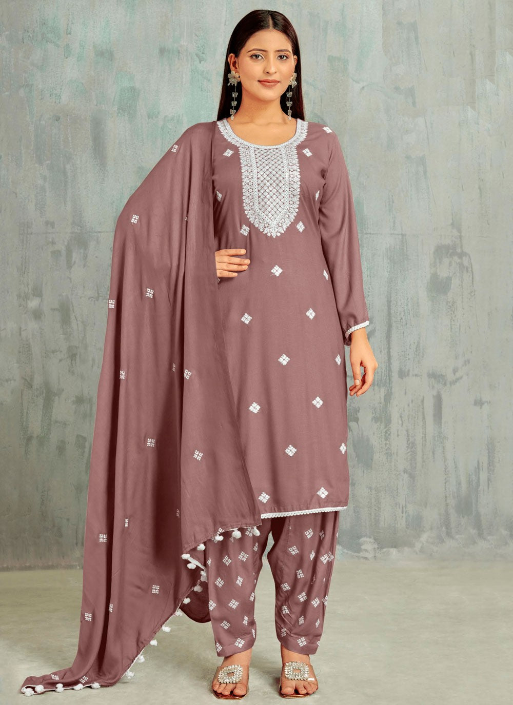 Salwar Suit Embroidered Brown Cotton T5248