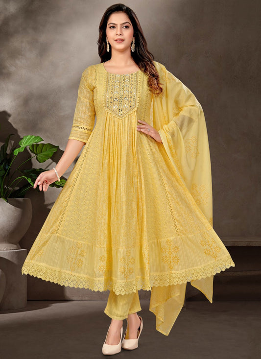 Anarkali Chikankari Work, Embroidered, Mirror Yellow T8411