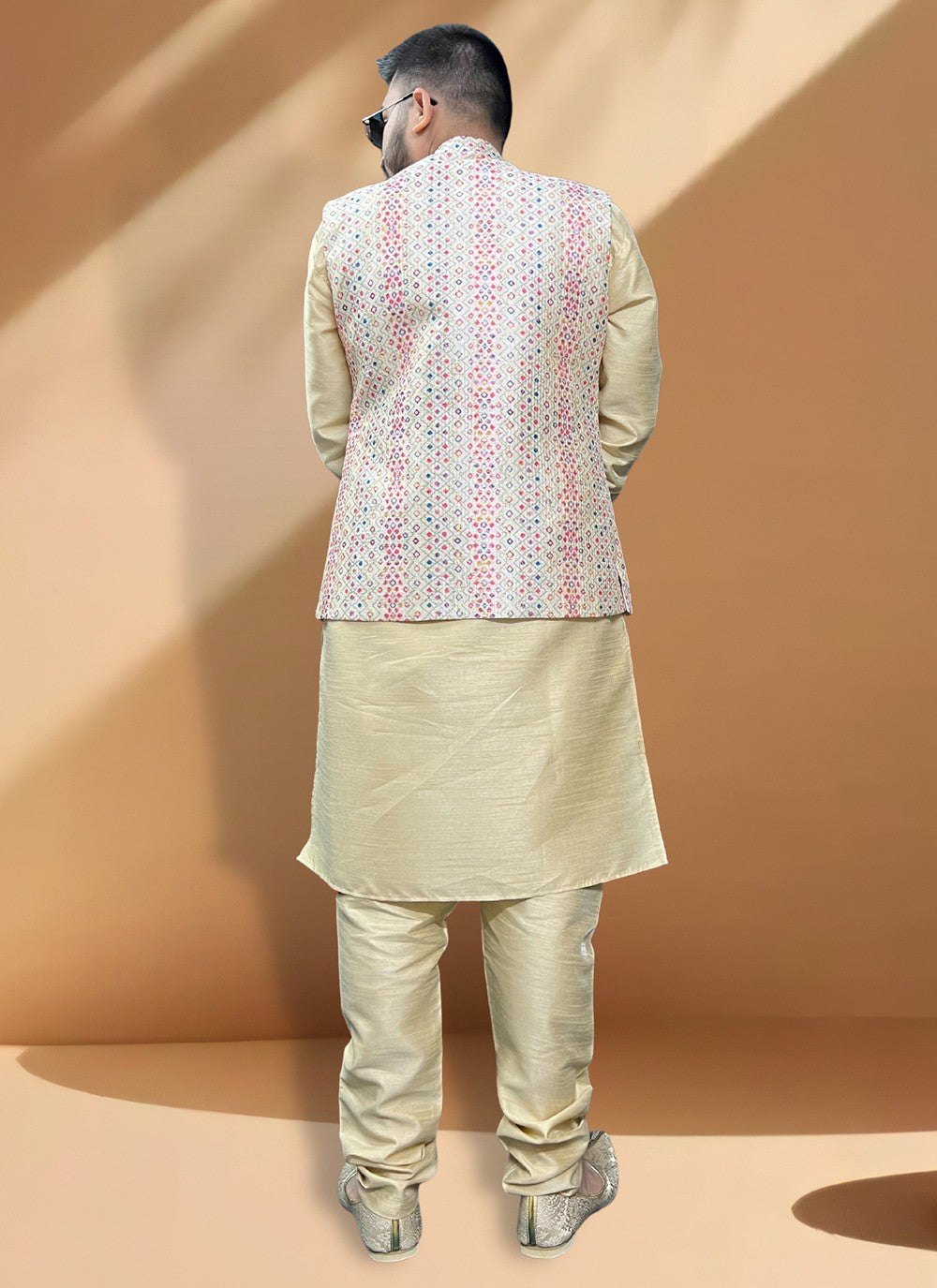 Embroidered Silk Cream, Gold Kurta Payjama With Jacket - M5401