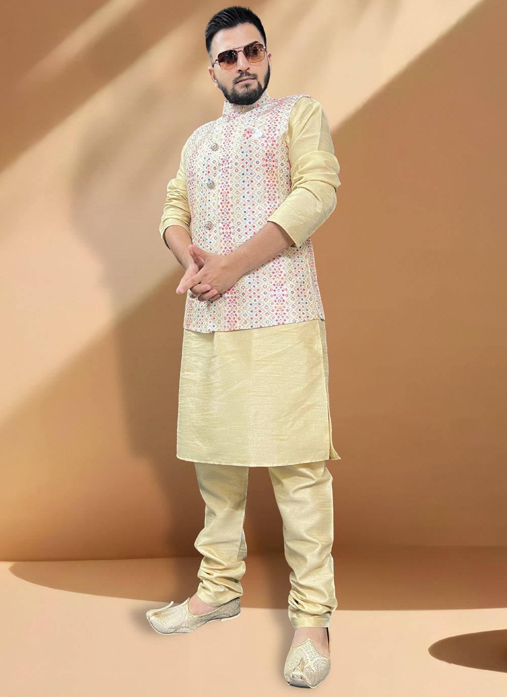 Embroidered Silk Cream, Gold Kurta Payjama With Jacket - M5401