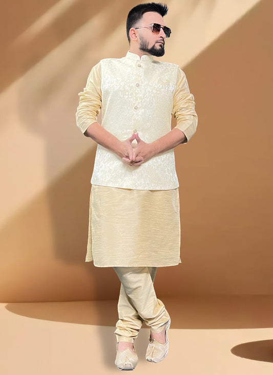Woven Jacquard, Silk Cream, Gold Kurta Payjama With Jacket - M5418