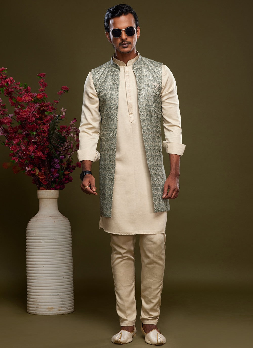 Digital Print Banarasi Silk Cream, Green Kurta Payjama With Jacket - M6067