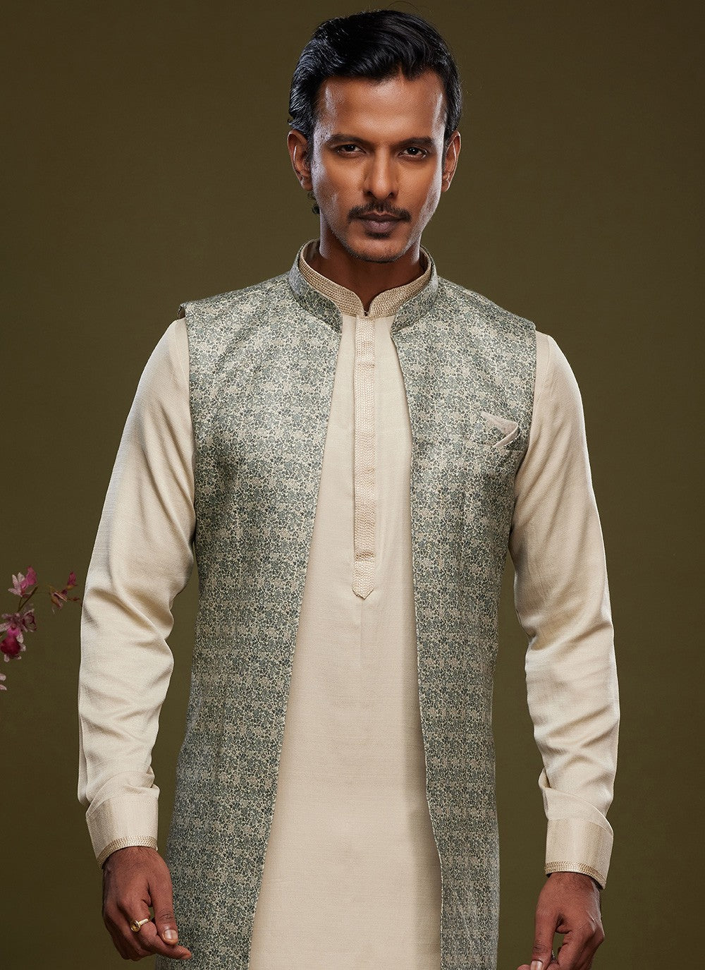 Digital Print Banarasi Silk Cream, Green Kurta Payjama With Jacket - M6067