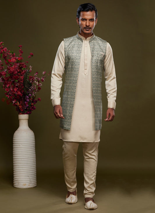Digital Print Banarasi Silk Cream, Green Kurta Payjama With Jacket - M6067