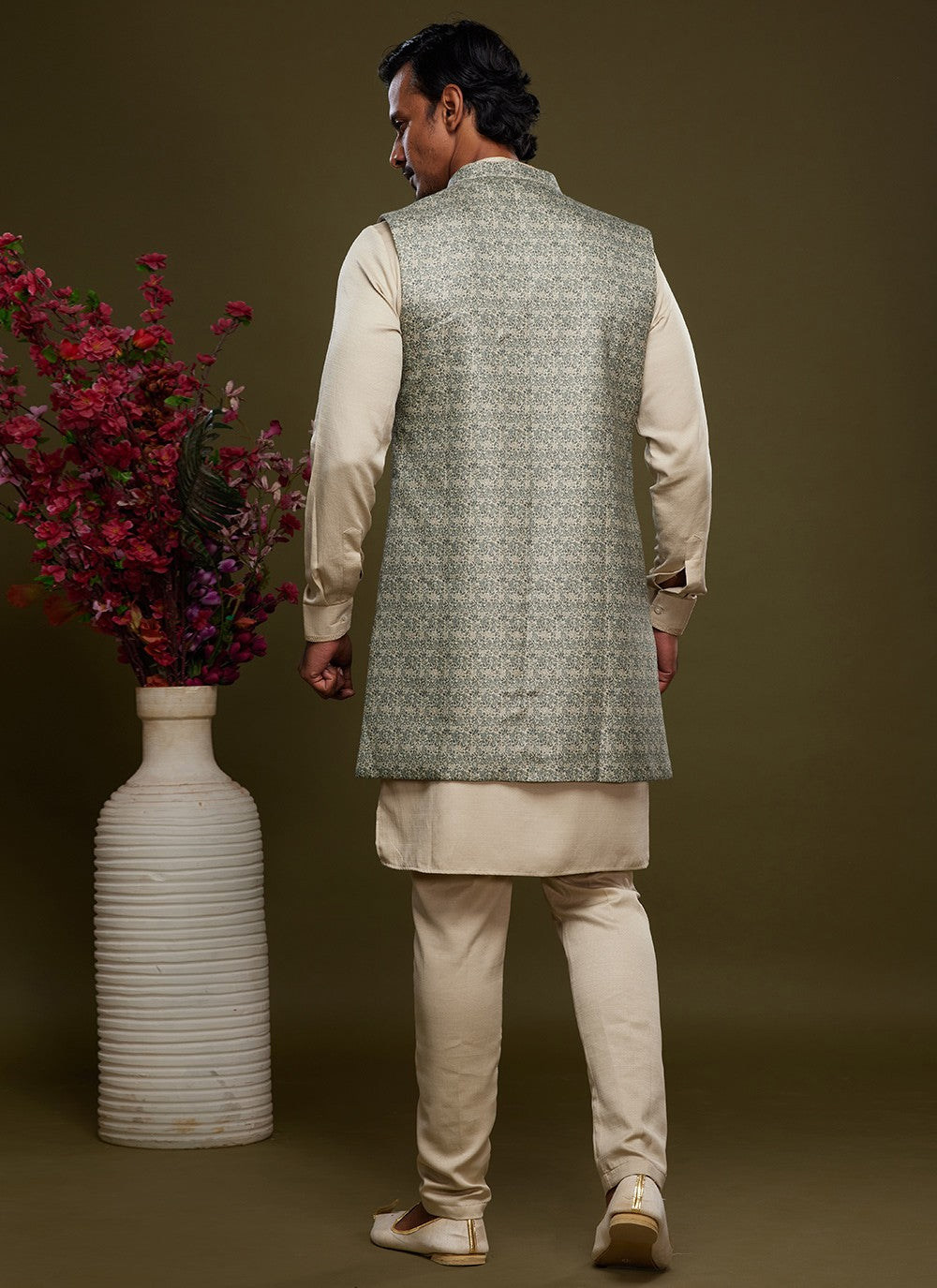 Digital Print Banarasi Silk Cream, Green Kurta Payjama With Jacket - M6067