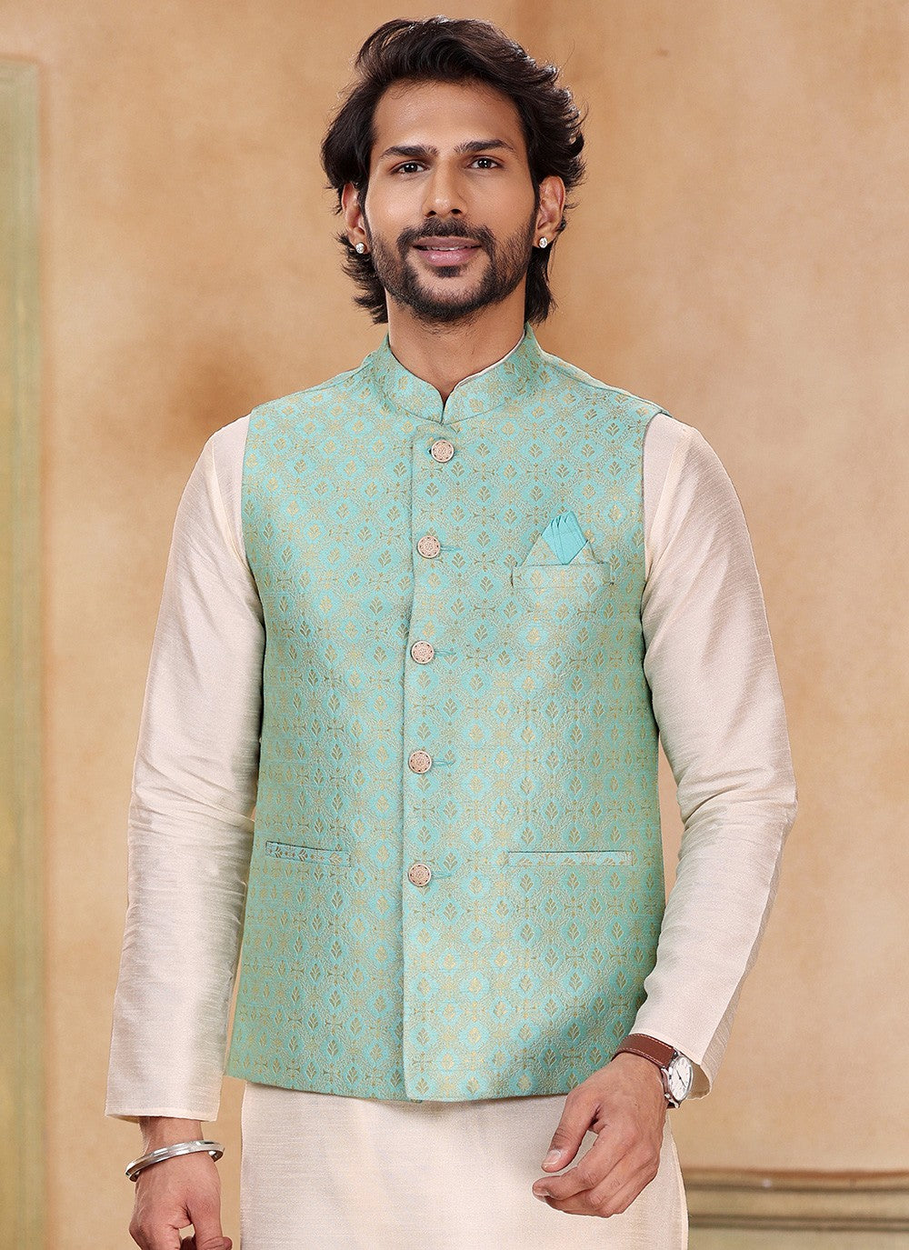 Fancy Work Banarasi Silk, Jacquard Cream, Green Kurta Payjama With Jacket - M5364