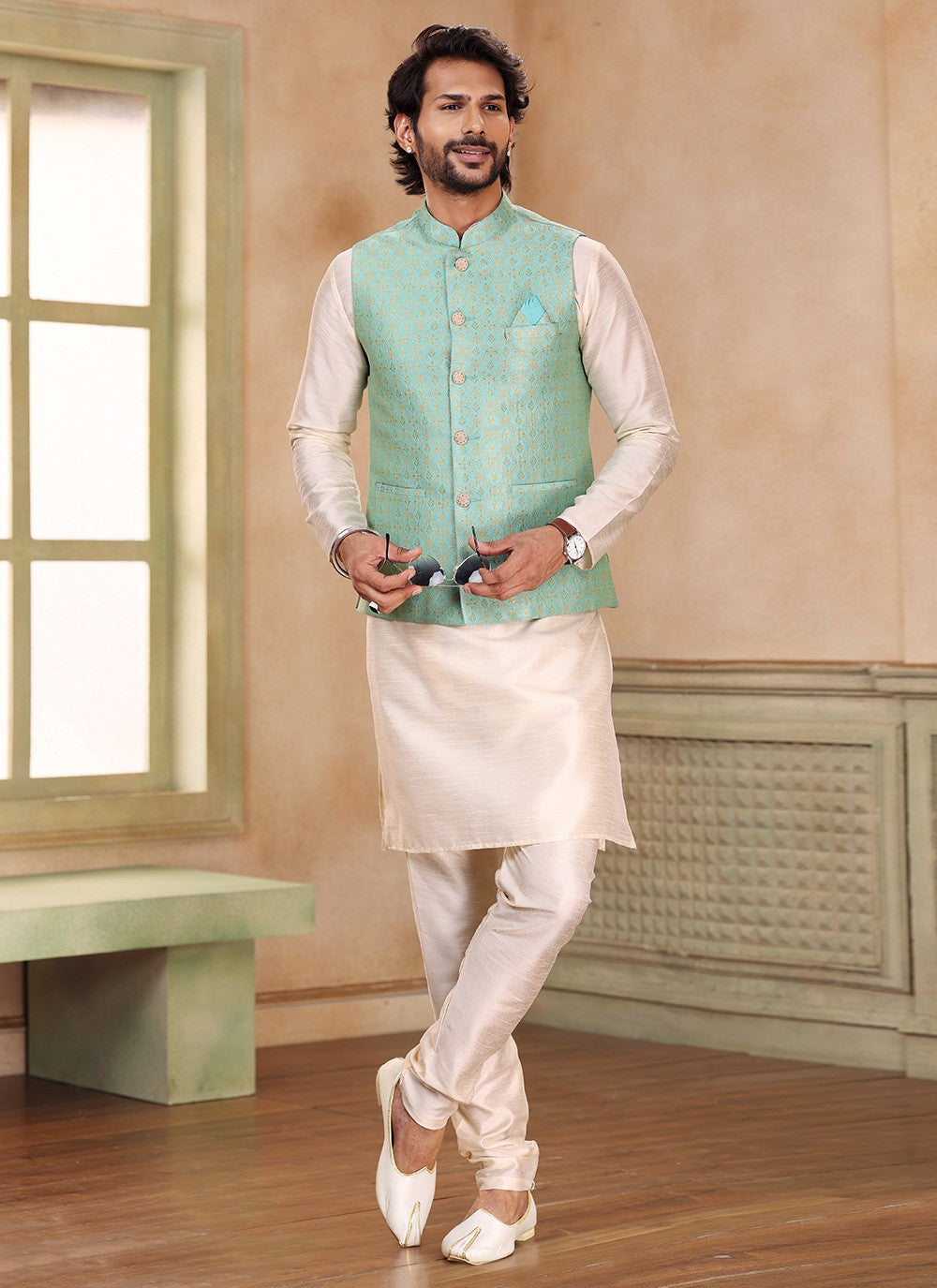 Fancy Work Banarasi Silk, Jacquard Cream, Green Kurta Payjama With Jacket - M5364