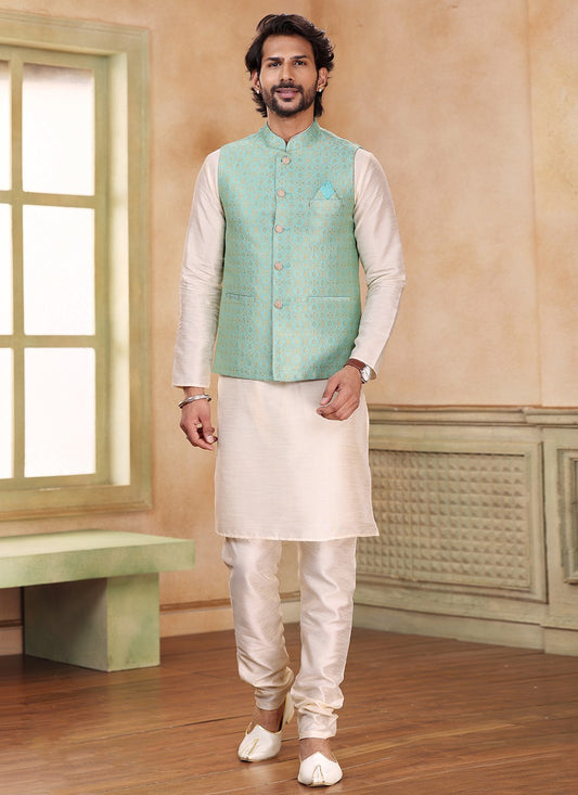 Fancy Work Banarasi Silk, Jacquard Cream, Green Kurta Payjama With Jacket - M5364