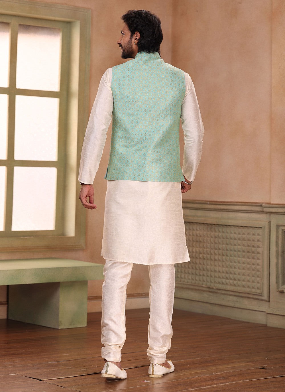 Fancy Work Banarasi Silk, Jacquard Cream, Green Kurta Payjama With Jacket - M5364