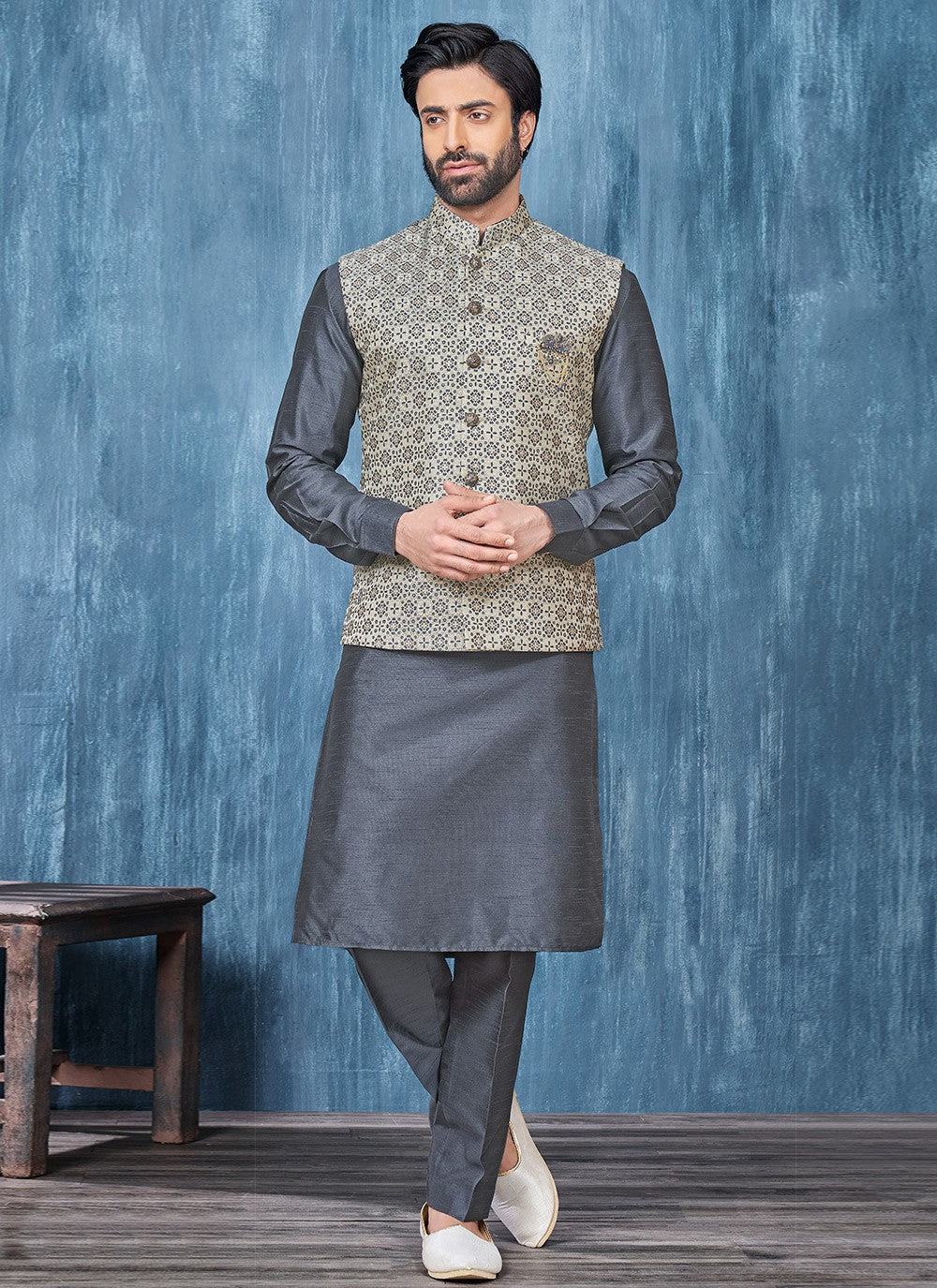Fancy Work Jacquard Cream, Grey Kurta Payjama With Jacket - M6313