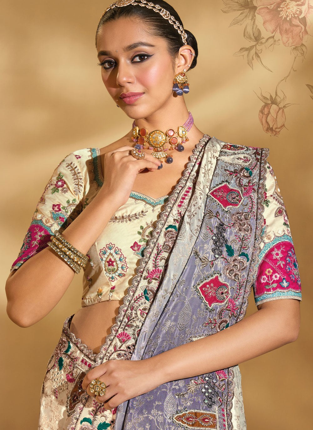 Cream Pure Crepe Contemporary Saree Cutdana, Embroidered, Mirror, Thread, Zari S20146