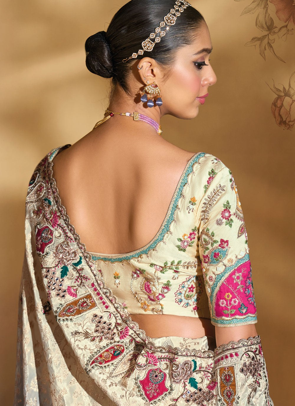 Cream Pure Crepe Contemporary Saree Cutdana, Embroidered, Mirror, Thread, Zari S20146