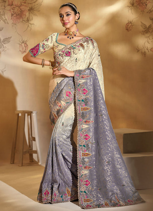Cream Pure Crepe Contemporary Saree Cutdana, Embroidered, Mirror, Thread, Zari S20146